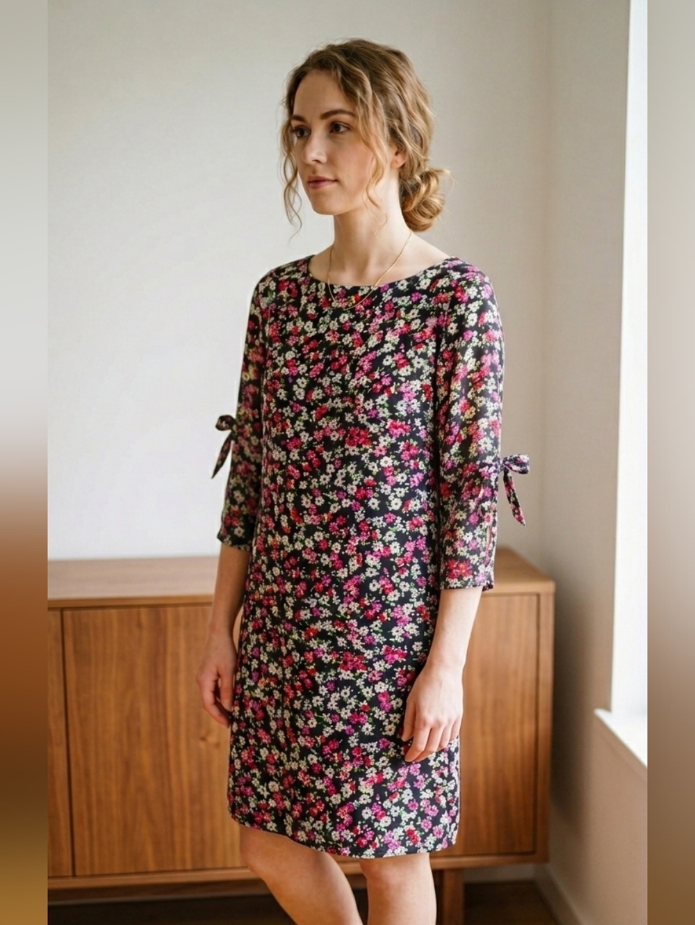 H&M Floral Tie-Sleeve Shift Dress - Black with Pink Floral Size 6